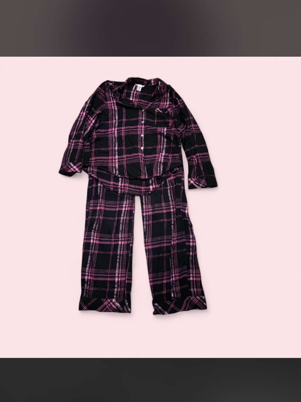 Victoria's Secret Pink Black and Silver Plaid Long Pajama Set